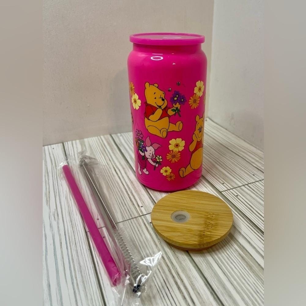Pooh & Friends 16oz Hot Pink Insulated Stainless Steel Tumbler 2 Lids/Straws